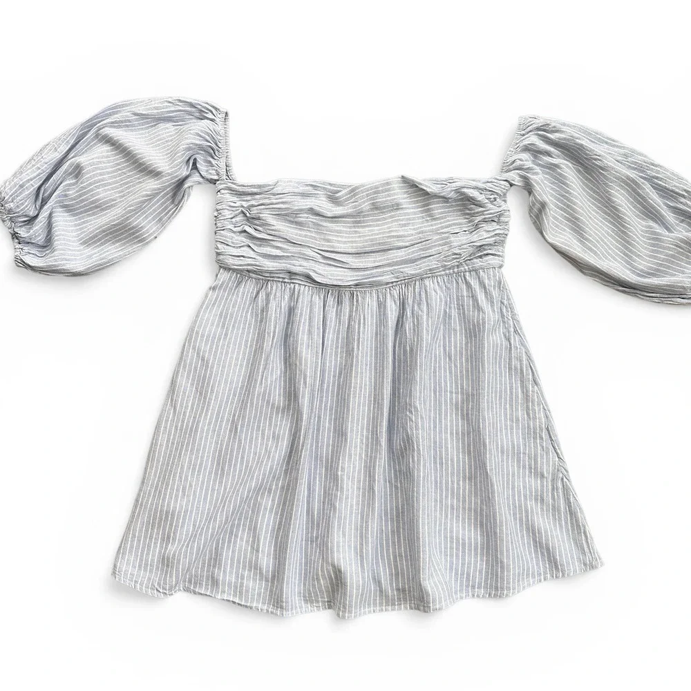 Abercrombie & Fitch Blouse Womens XL Blue White Good Striped Puff Sleeve Boho‎